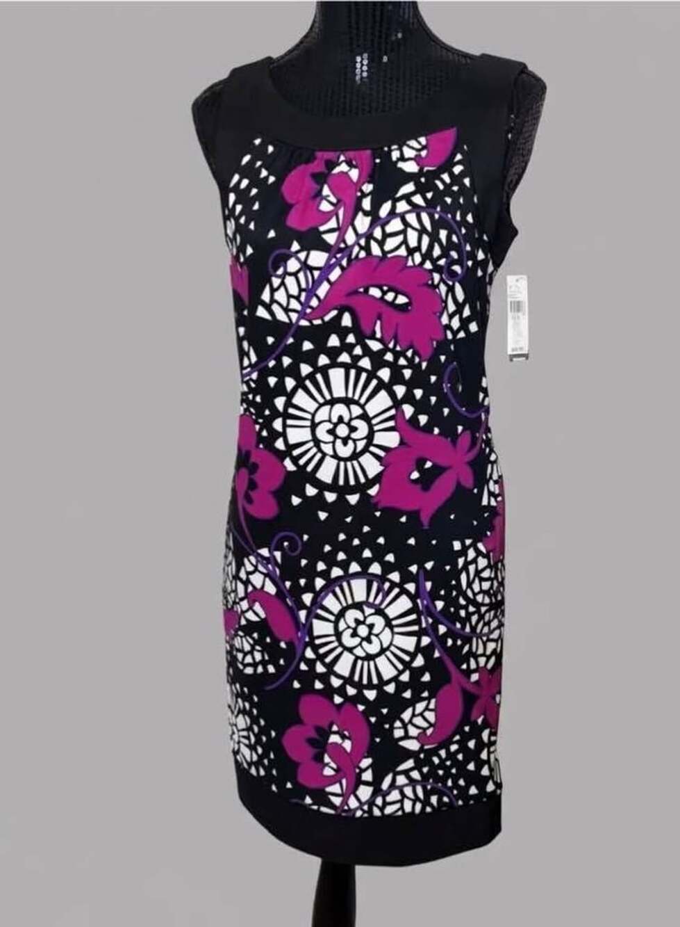 AB Studio NWT Sheath Dress Sleeveless Floral Geometric Black Purple Size 4